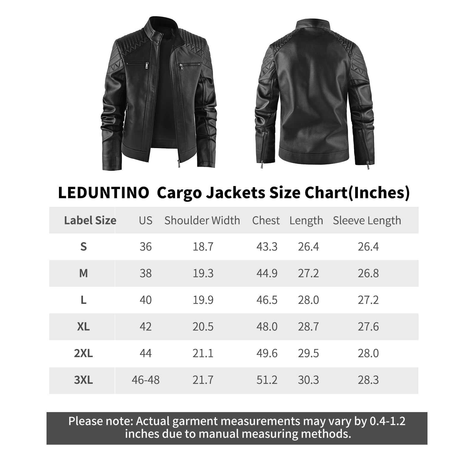 LEDUNTINO Men's Leather Jacket, Stand Collar PU Faux Leather, Zip-Up Motorcycle Bomber Jacket, Slim Fit Biker Coat