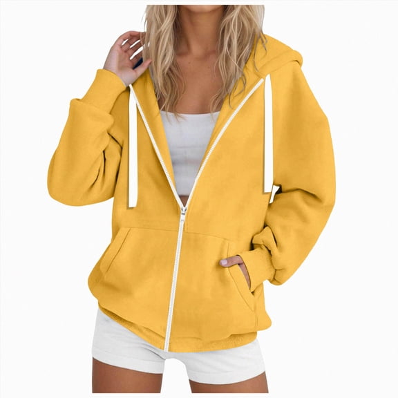 GEWSEY Women's Full Zip Up Hoodie Long Sleeve Hooded Sweatshirts Pockets Jacket Coat for Women (Yellow, 3XL)
