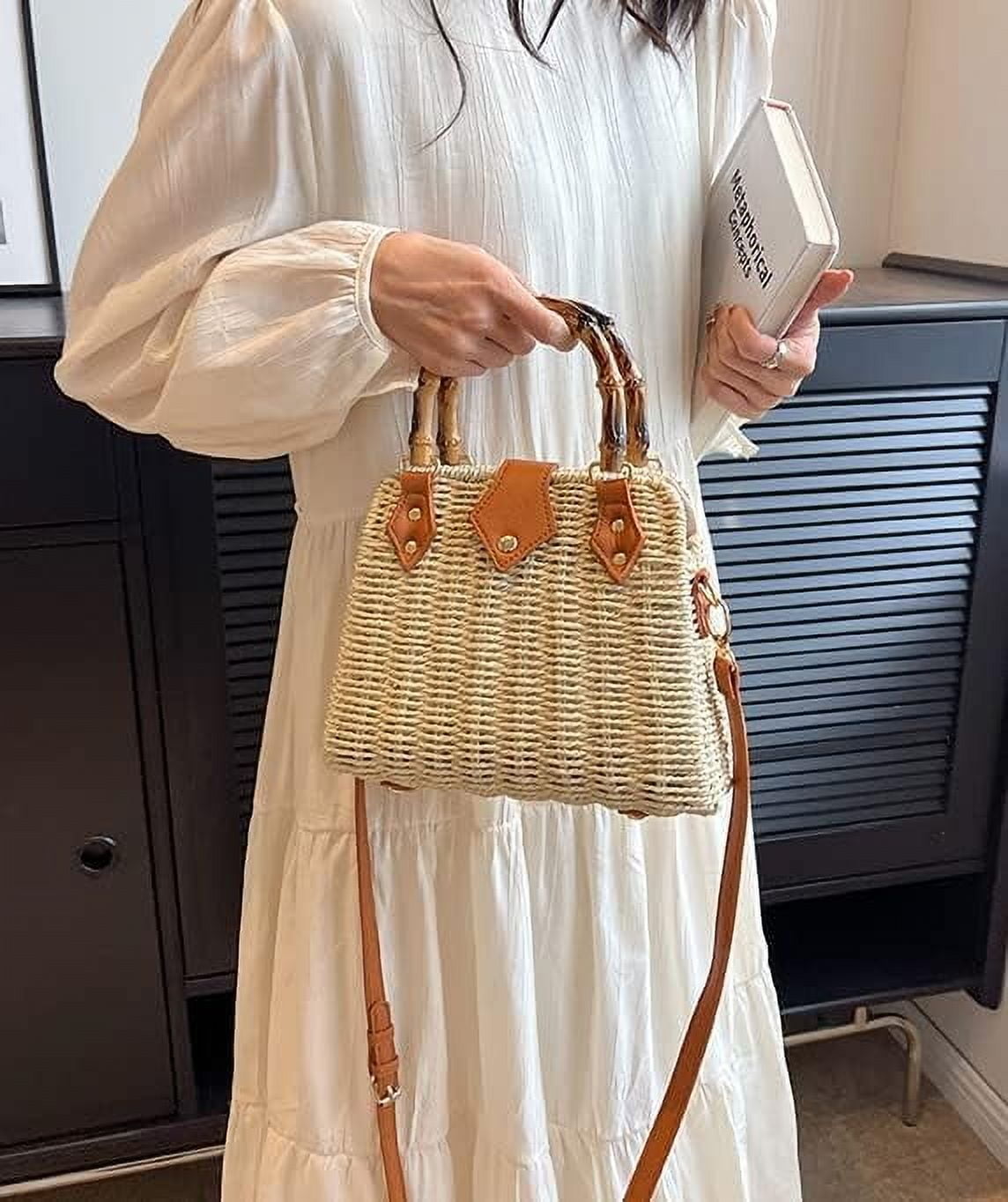 Kukuzhu Straw Tote Bag Purses for Women Large Handbag Casual Crossbody Bag Satchel Bag Beach Bag for Travel Work