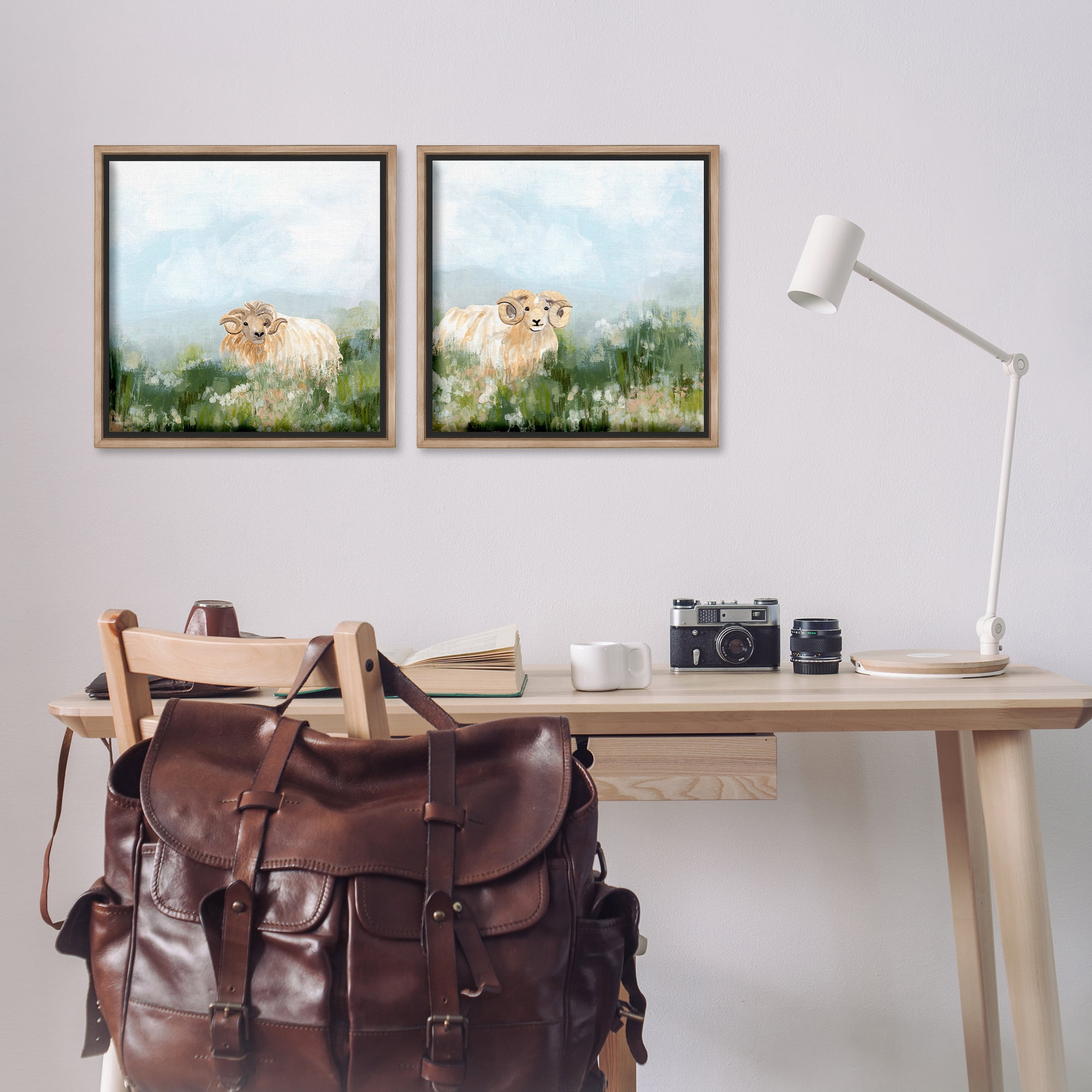 Stupell Industries Curly-Horned Sheep Field Animals Painting Brown Floater Framed Canvas Art Print Wall Art, 18 x 18, Set of 2
