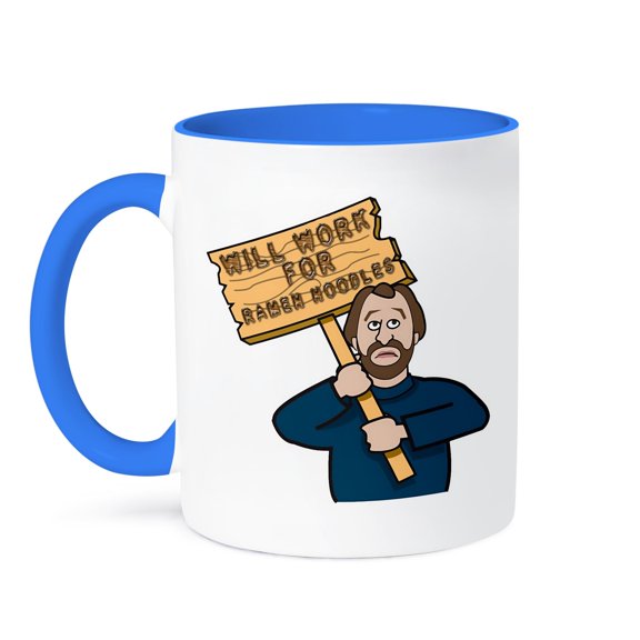 3dRose, Funny Humorous Man Guy With A Sign Will Work For Ramen Noodles, 15oz Two-Tone Blue Mug