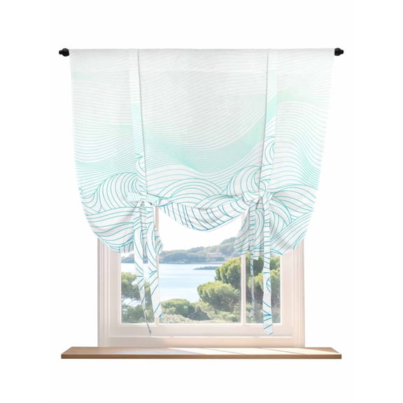 Coastal Ocean Tie Up Curtains for Windows 63 Inch Length Balloon Curtains Kitchen Adjustable Balloon Window Shade Modern Minimalist Sea Waves Striped Art Tie Up Valance Bathroom Curtain 42"x63"