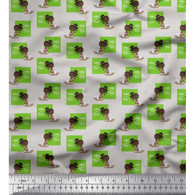 Soimoi Green polyester Crepe Fabric Monitor & Bossy Girl Decor Fabric Printed Yard 52 Inch Wide