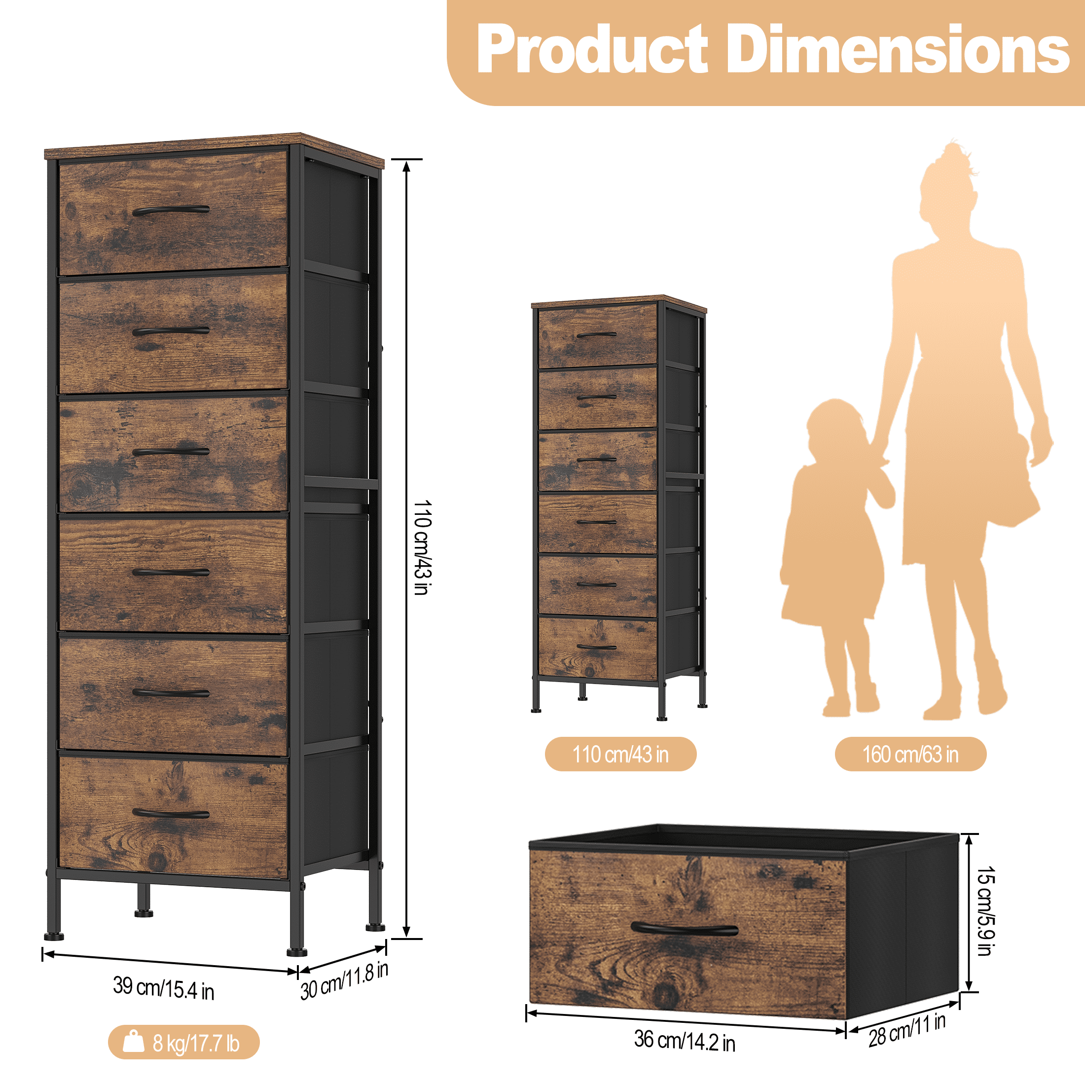 EZKAMFORT 6-Fabric Drawer Dresser for Bedroom Tall, Closet Drawers Dresser for Bedroom, Versatile for Bedroom & Living Room, Rustic Brown