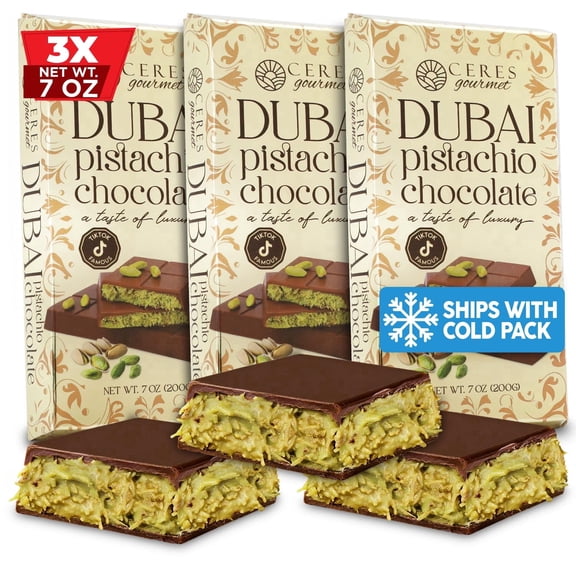 Ceres Gourmet Dubai Milk Chocolate Kunafa Pistachio Bar Crispy 3-Pack 3 x 7oz
