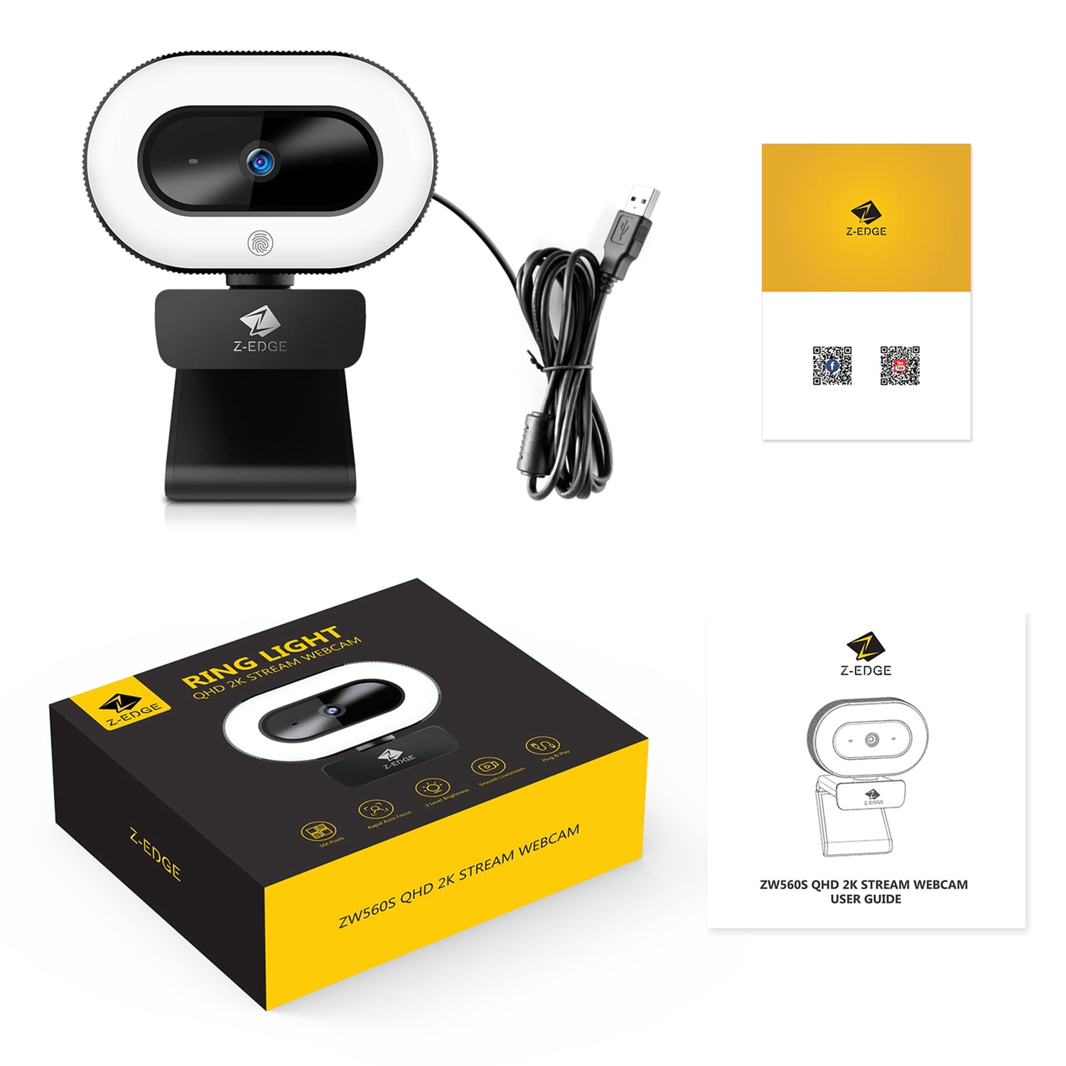 Z-EDGE QHD 2K 5.0-MP Auto-Focus Webcam and Ring Light with Stereo Sound and Noise-Reduction Microphone, ZW560S, ZW560S