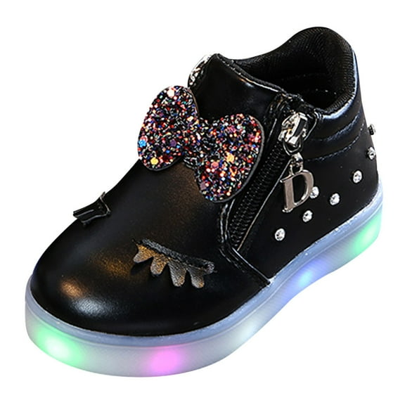 Otqutp Side Zipper Bow Glitter Light Up Sneakers for Toddler Boys Kids Baby Non Slip Leather Sport Shoes First Walking Shoes