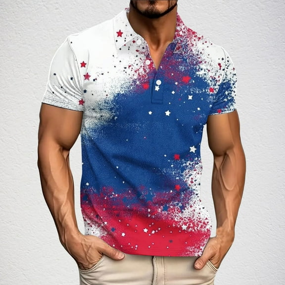 Fnnxeal Mens Patriotic Red White Blue Gradient Polo Shirt Short Sleeve Stars Print Nylon Spandex Performance Moisture Wicking Slim Fit,Size 3XL