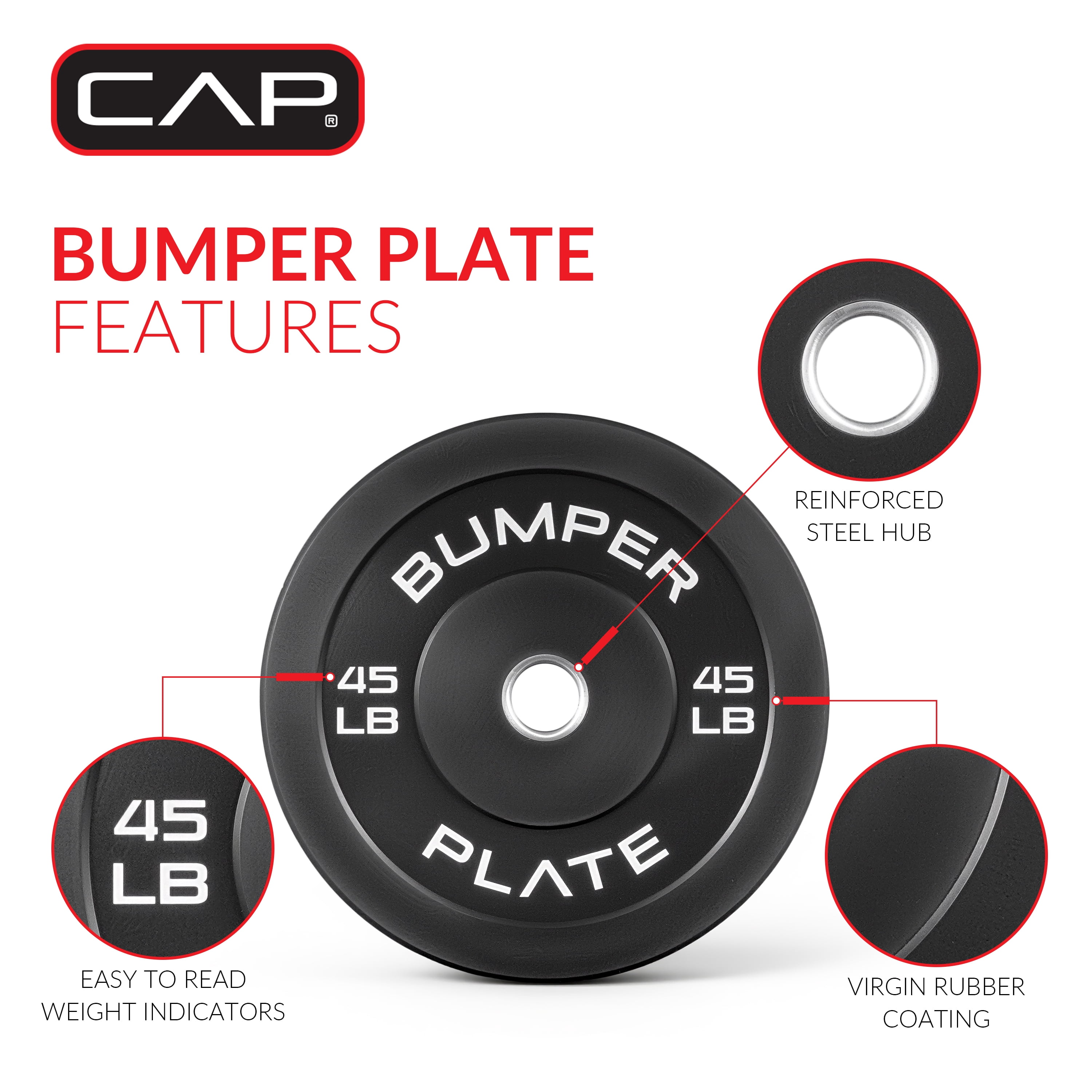 CAP Barbell Olympic Rubber Bumper Plate, SINGLE 45lb