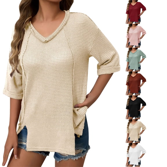 Women's Summer Tops Fashion Solid Color V-neck Five Quarter Sleeve Top T-shirt Tunic Tops Cute Loose Ladies Blouses Beige XL