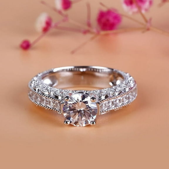 Bow Jewel Brilliant 1.7 Ct Round Cut Diamond Ring - Silver 14K White Gold Over Ring - Hidden halo with Milgrain Diamond Rings for Her - Decorative Technique Milgrain Diamond Rings for Women's