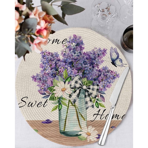 15 Inch Round Placemats Set of 4, Purple Lavender Non Slip Heat Insulation PP Table Mats, Spring Floral Daisy Butterfly Leaves Beige Washable Place Mats for Kitchen Dining Party Table Decor