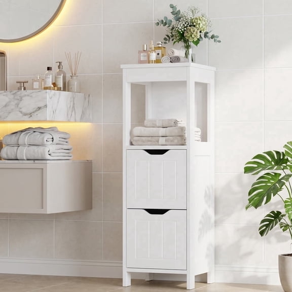 Walsunny Bathroom Storage Cabinets Floor Cabinet Organizer Freestanding Narrow Cabinet with Drawer Open Shelf for Bathroom Laundry White