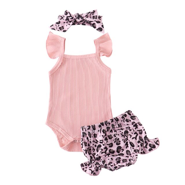 Conjunto de ropa de verano para niña bebé, Pelele de algodón tejido con volantes a la moda para recién nacido, pantalones cortos, diadema con lazo, 3 uds., trajes para niños pequeños Tan Jianjun unisex