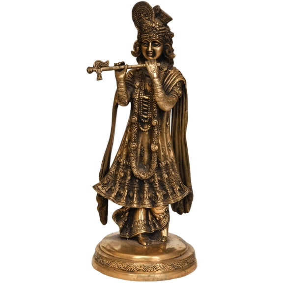 13" Lord Krishna Playing Flute Brass Idol - Divine Musician