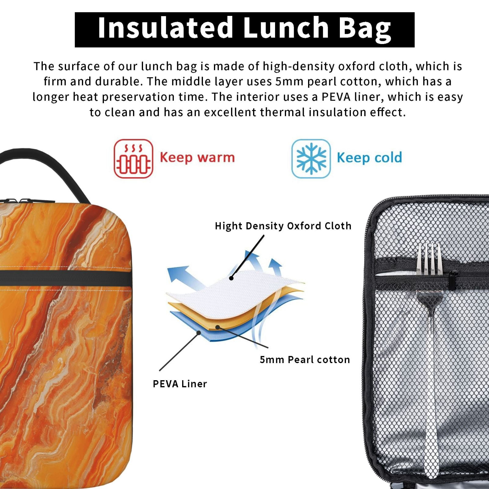 Lunch Bag For Women Men Insulated Portable Lunch Box Bento Box Office Picnic Travel Cooler Bag Orangered Marble_2