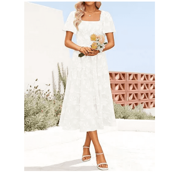 Womens Summer Casual Midi Print Dresses Square Neck Short Sleeve Smocked A Line Floral Flowy Elegant Boho Dress