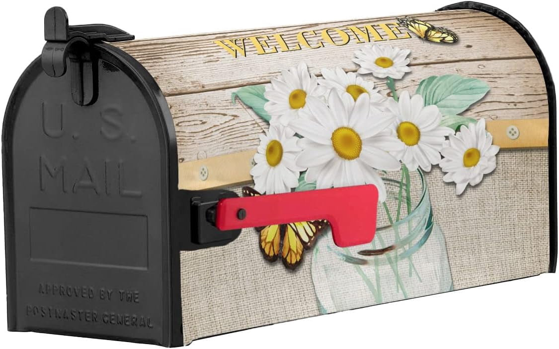 Mailbox Cover, Daisy and Butterfly Wooden Board Cotton Linen Texture Mailbox Wrap Magnetic Mailbox Covers for Garden Yard Outdoor Decoration,Farmhouse Mailbox Post Box Cover Wraps Large Size 21"x25.5"