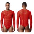 thumbnail image 4 of Miaeowve Men's Sheer Mesh Long Sleeve Bodysuit Rhinstone High Cut T-back Leotard Muscle Undershirt Red XXL, 4 of 7