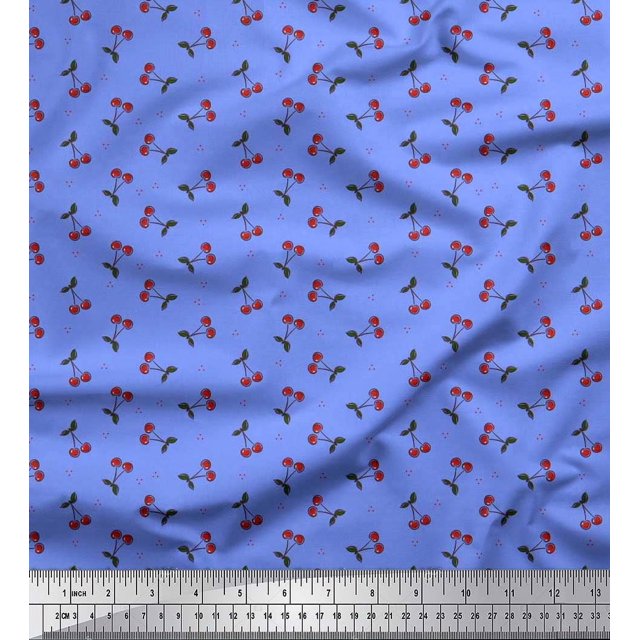 Soimoi Modal Satin Fabric Dot,Leaves & Cherry Fruits Decor Fabric Printed Yard 42 Inch Wide