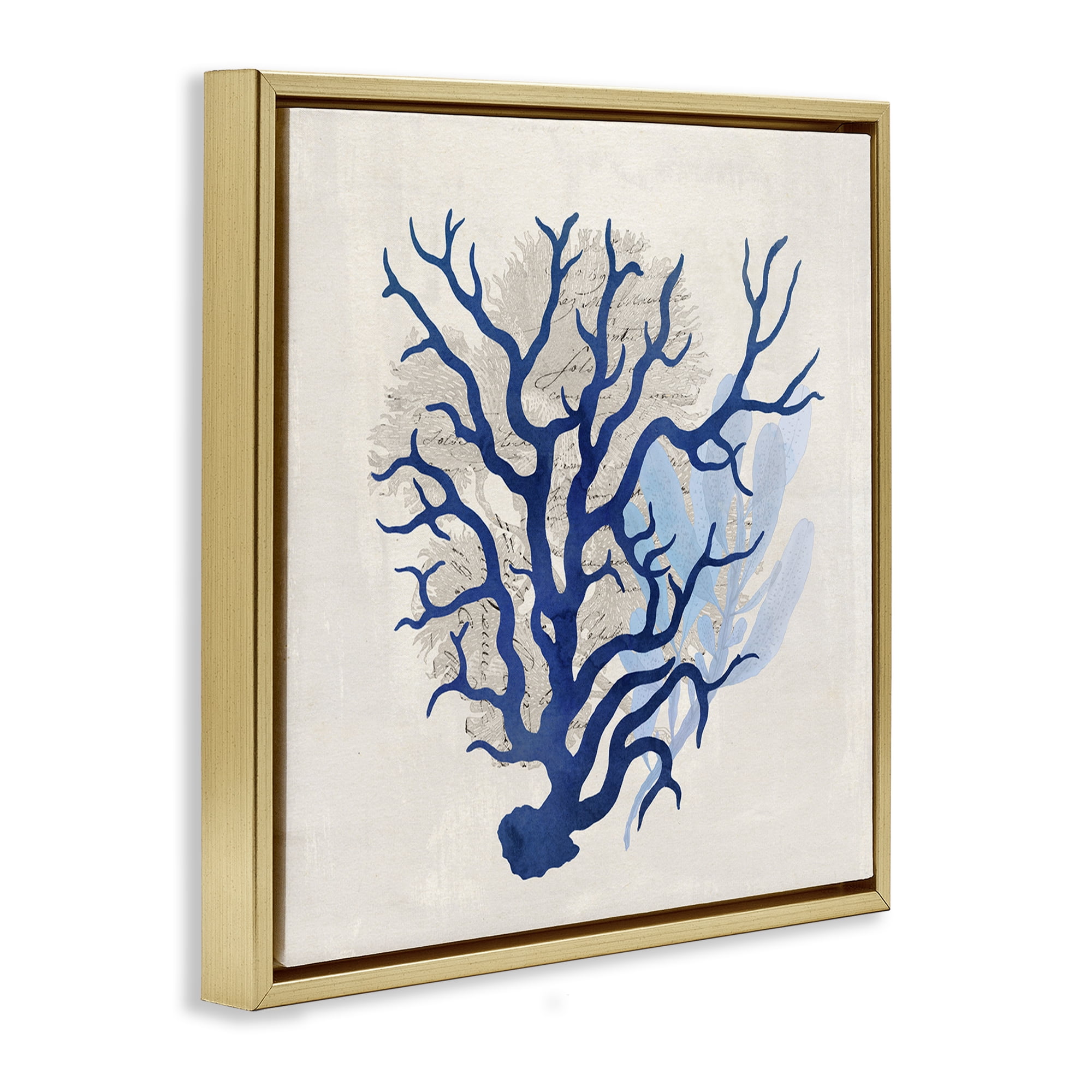 Stupell Industries Blue Coral Branches Nautical & Beach Painting Gold Floater Framed Canvas Art Print Wall Art, 25 x 25