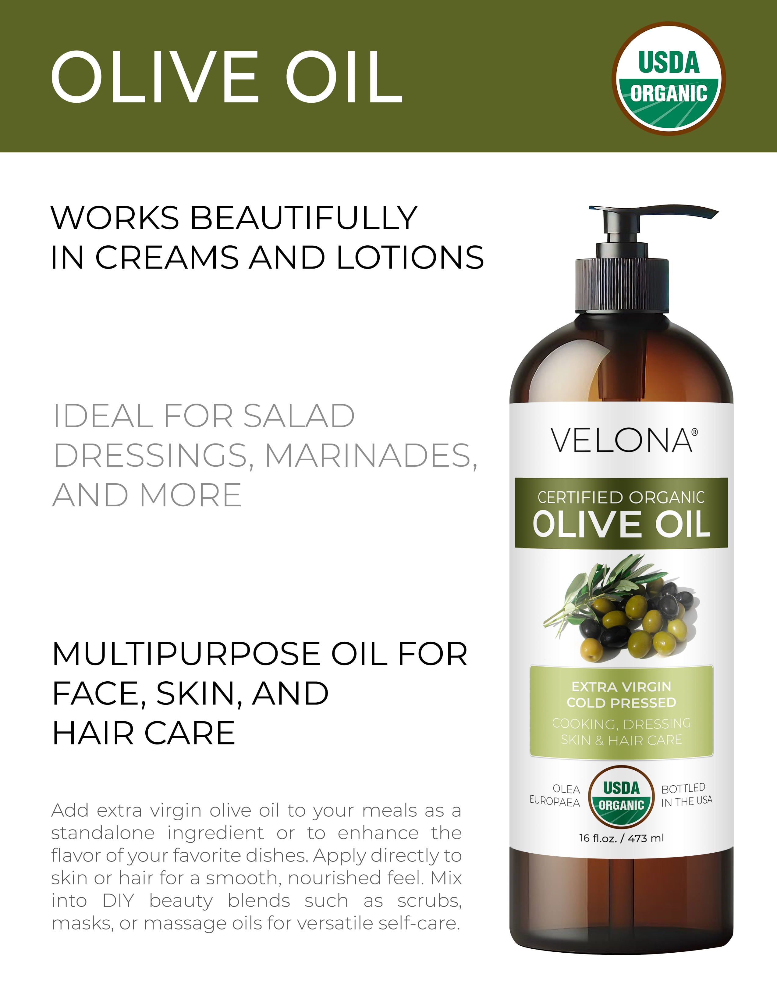 Velona USDA Certified Organic Olive Oil - 32 oz | 100% Pure and Natural Carrier Oil | Extra Virgin, Unrefined, Cold Pressed | Cooking, Dressing, Face, Hair, Body, Skin Care | Use Today - Enjoy Results