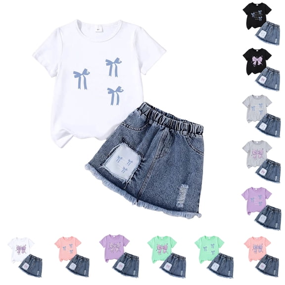 larppty Kid Girls Clothes Outfits Cute Sweet Bowknot Print T-Shirt Bowknot 2 In 1 Denim Skirt Summer Clothing Set(F, 3-4 Years)