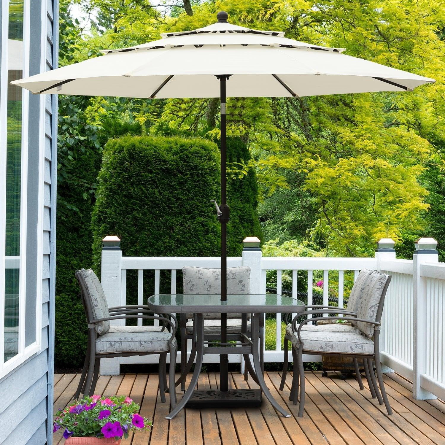 Aoodor 10ft 3-Tier Patio Umbrella, Outdoor Table Market Umbrella Tilt Adjustment and Crank - Beige