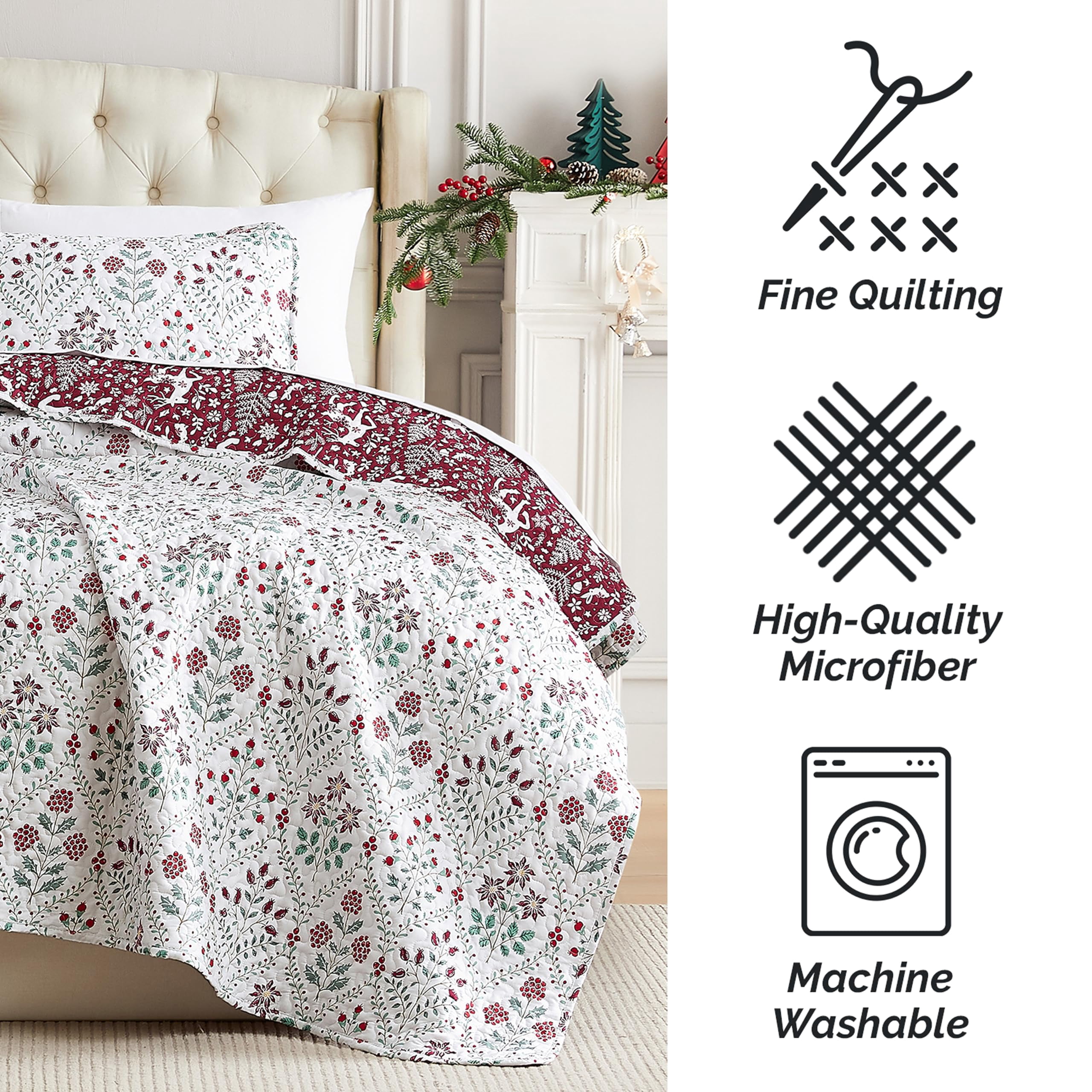 Southshore Fine Living, Inc. Red Christmas Quilt Set, King Size w/ Pillow Shams, Vintage Red & Cream
