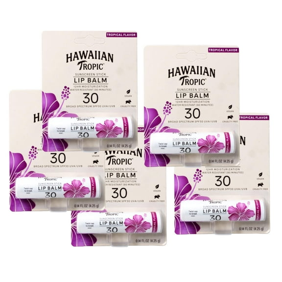 Hawaiian Tropic Tropical Lip Balm SPF 30, 0.14oz | Lip Sunscreen, Lip SPF 30, Lip Sunblock, Oxybenzone Free Sunscreen, Travel Size Sunscreen, Mini Sunscreen, 0.14oz - 5 Pack