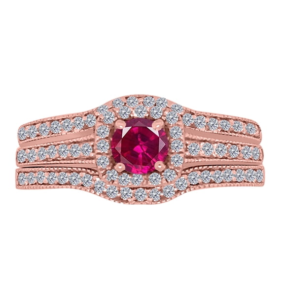 Aonejewelry Engagement Rings for Women Ruby and Diamond Gemstone 1.50 Carat Trio Ring Set In 14K Solid White Rose & Yellow Gold