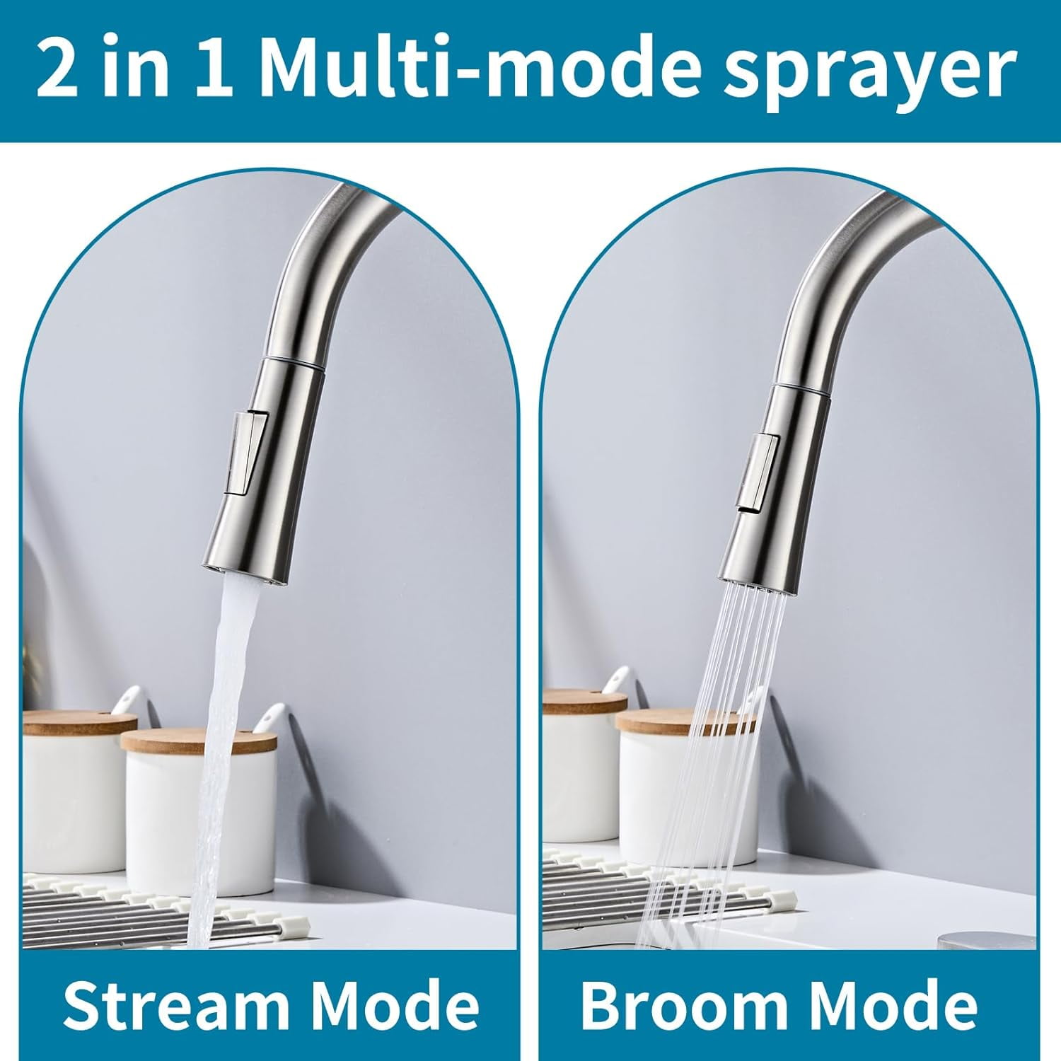 Zovajonia Modern Brushed Nickel Stainless Steel Kitchen Sink Faucets with Pull Down Sprayer, Single Handle，high arc，with 10 inch Deck Plate，1 or 3 Hole