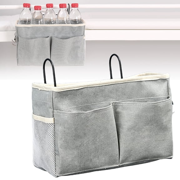 Bedside Storage Caddy - Hanging Organizer for Bed Frame - Remote Phone Book Pocket Holder - Gray