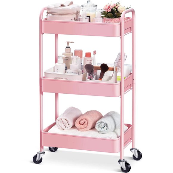 KK KINGRACK Rolling Cart, 3-Tier Metal Utility Cart with 4 Wheels, 2 Brakes, Pink