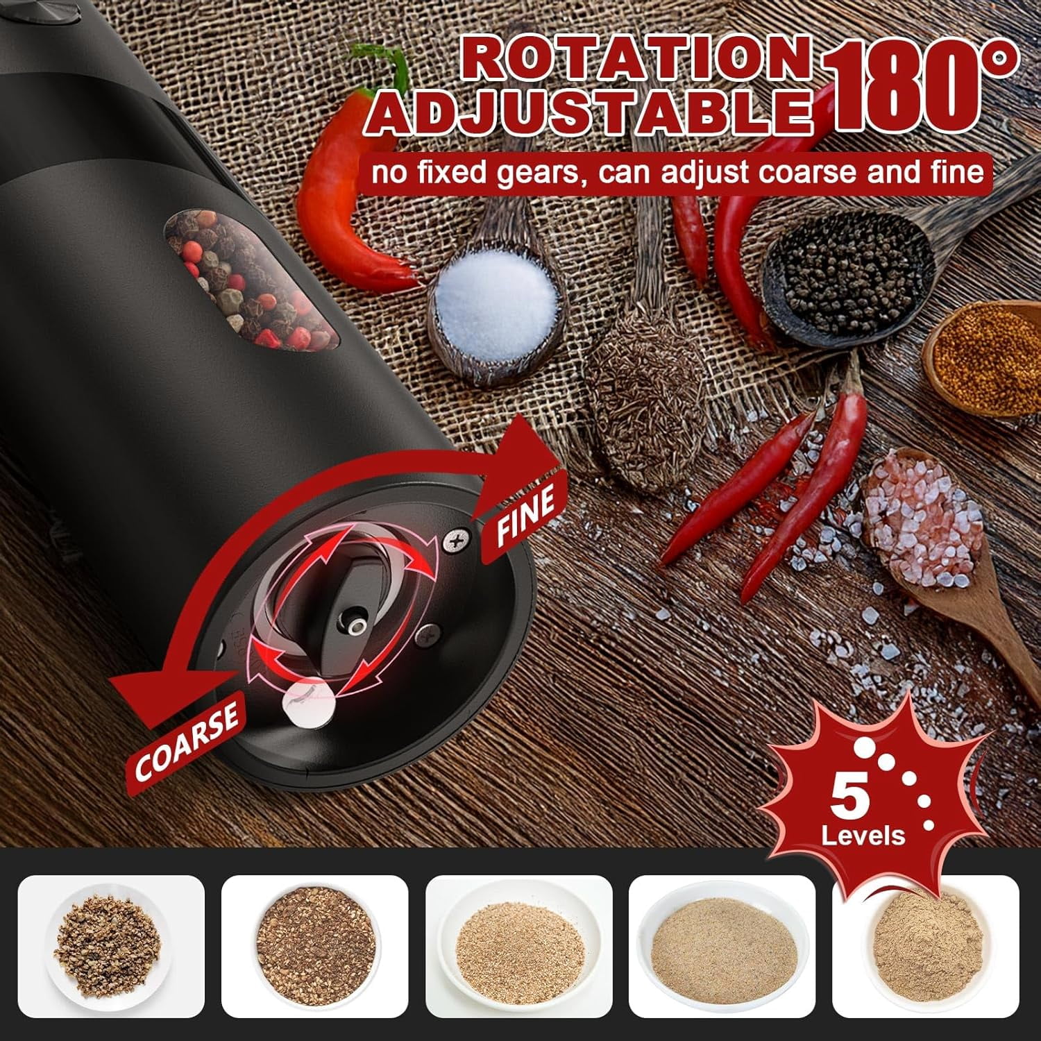 BN-LINK 2Pack Electric Pepper and Salt Grinder Set, Rechargeable Salt and Pepper Mill with LED Light, Charging Base & Adjustable Coarseness, One Hand Automatic Operation, for Kitchen, Outdoor, Black