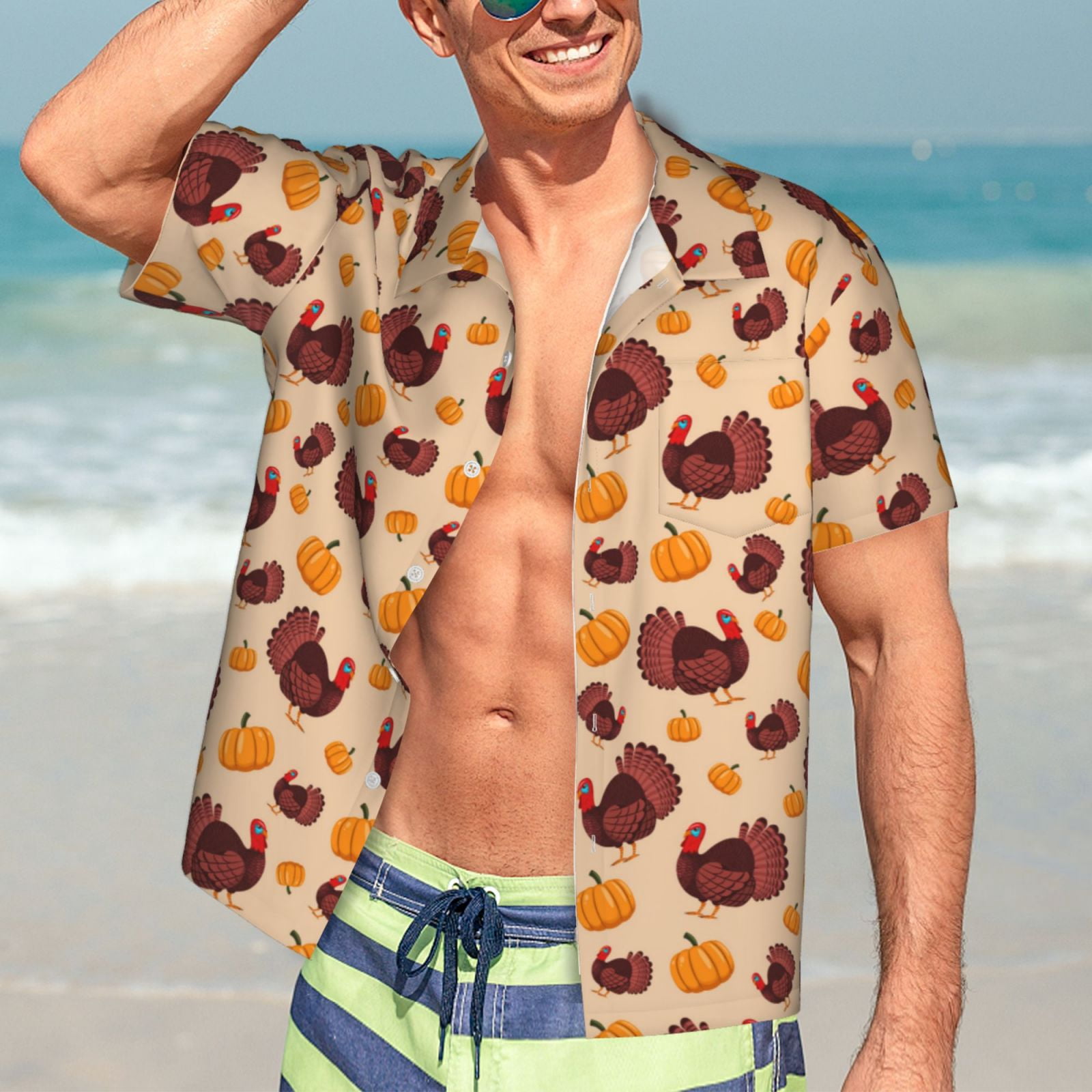Logiee Thanksgiving Turkey and Pumpkin Print Mens Hawaiian Shirts,Loose-Fit Short Sleeve Button Down Tropical Aloha Beach Shirt,Summer Vacation Wedding Tops,X-Large
