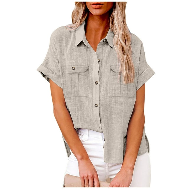 fheaev Chemises Boutonnées pour Femmes Manches Courtes Retroussées T-Shirts en Coton et Lin à Boutons avec Poche Tuniques de Travail à Col en V Blouse Hauts à Col