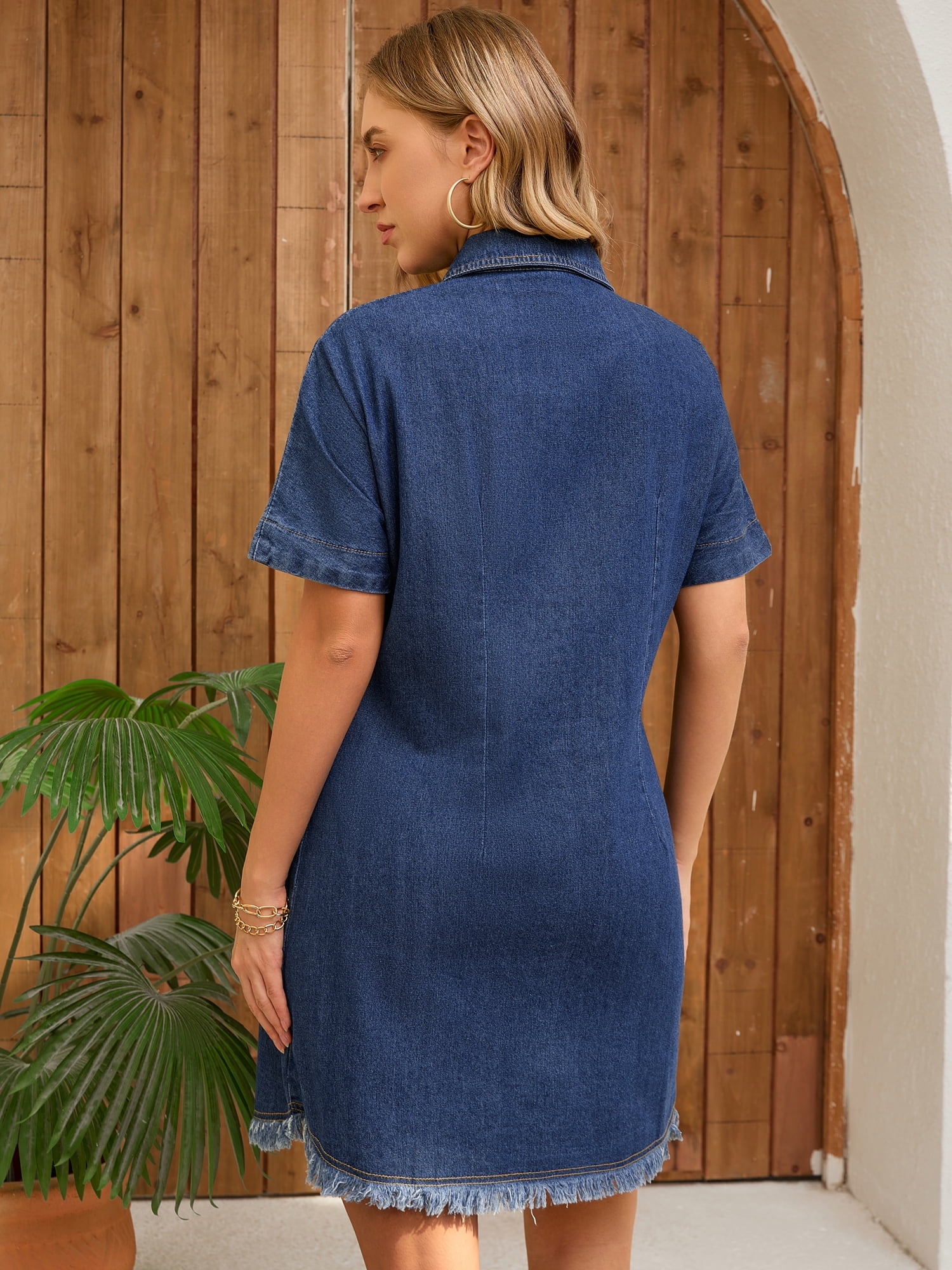 DARING DIVA Short Sleeve Denim Collared Button Front Jean Dress L Dark Blue
