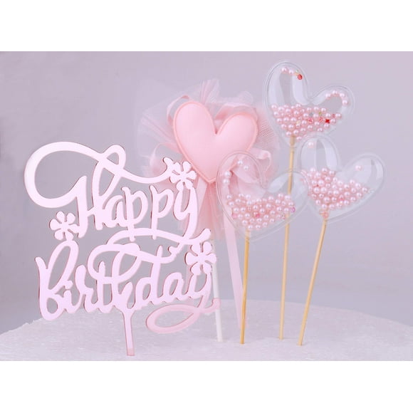 Restards Rose Gold Happy Birthday Cake Topper Set 5PCS Heart Pink Pearls Cupcake Toppers for Girls Women Princess Party Decorations Supplies