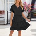 thumbnail image 2 of ATOYSOY Women's Above Knee Ruffle Knitted Dress Solid Color Short Sleeve V Neck Boho Beach Elegant Casual Tiered Trendy Workout Clearance Retro Summer Sundress Black, 2 of 5