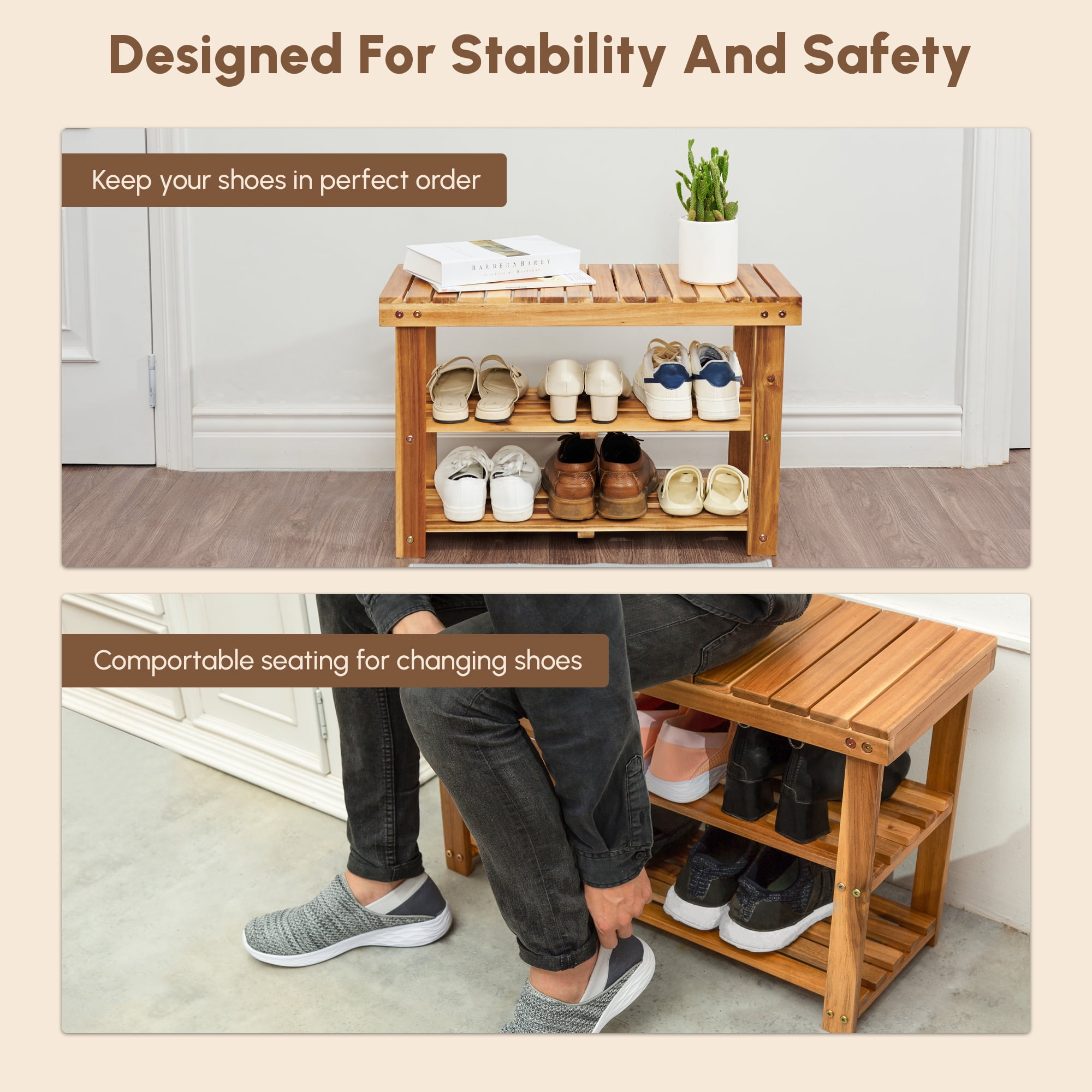 Yoneston Solid Wood Shoes Rack Bench, 3-Tier Storage Rack Organizer for Entryway Bathroom and Hallway, Natural Brown