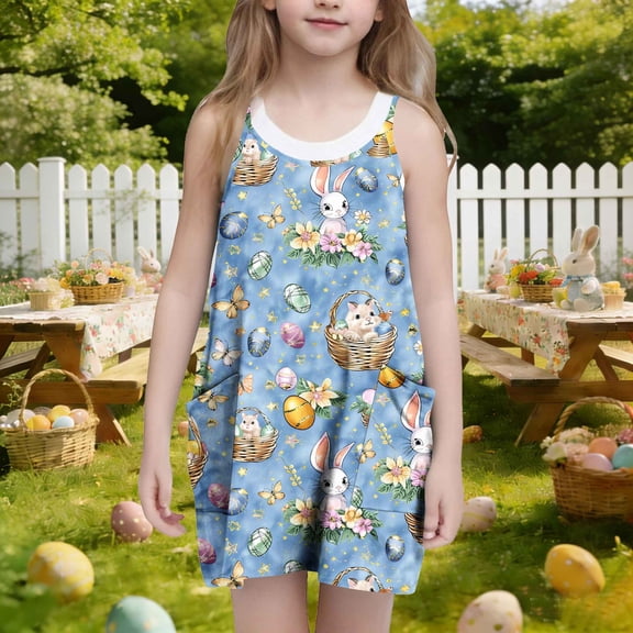ATOGUTA Dress for Girls Casual Summer Spaghetti Straps Easter Romper Dresses with Pockets for Kid Size 3T-10. Multicolor