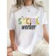 thumbnail image 1 of Women'S Casual Crew Neck Short Sleeve T-Shirt, Polyester Knit Fabric with Medium Stretch, Geometric Pattern, with Creative Multi-Element English Specter Print, for All-Season Comfort Fashion Top, 1 of 6