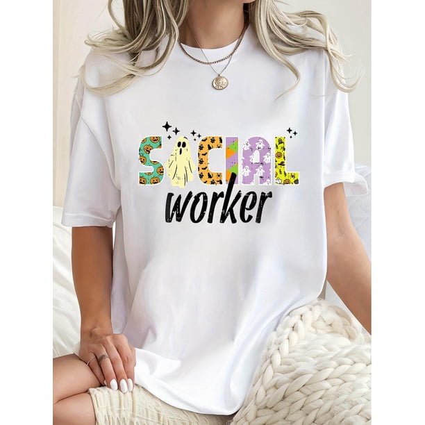 Women'S Casual Crew Neck Short Sleeve T-Shirt, Polyester Knit Fabric with Medium Stretch, Geometric Pattern, with Creative Multi-Element English Specter Print, for All-Season Comfort Fashion Top