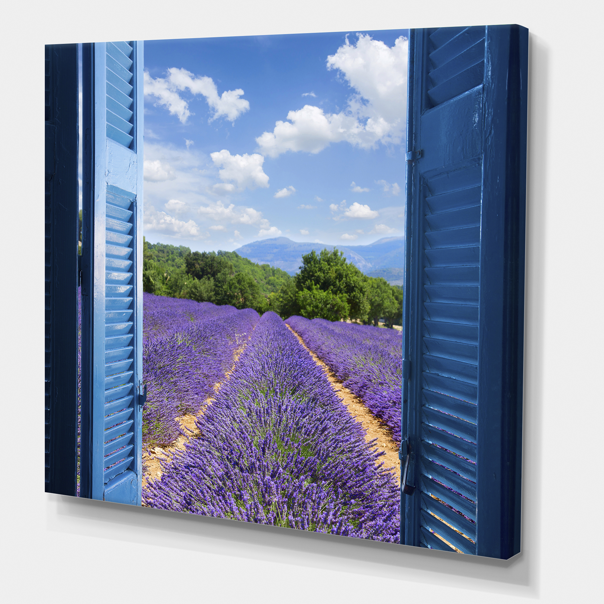 Designart ' View of Lavender Field Through Blue Open Cottage Window ' Farmhouse Canvas Wall Art Print