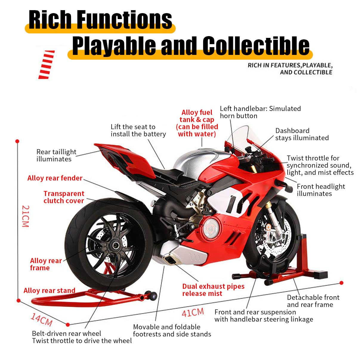 Dynamic Motorcycle Model, 1/6 Scale Alloy Motorbike with Ignition System, Light and Sound Effects & Smoke Spray, Idea for Desktop Display and Room Decor, Gift for Adults & Teens (Red)
