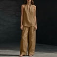 thumbnail image 6 of Sewkxo Womens Linen 2 Piece Sets Fashion Sleeveless V Neck Halter Top Matching Baggy Wide Leg Pants Set Summer Casual Outfits,Light Brown 2XL, 6 of 9