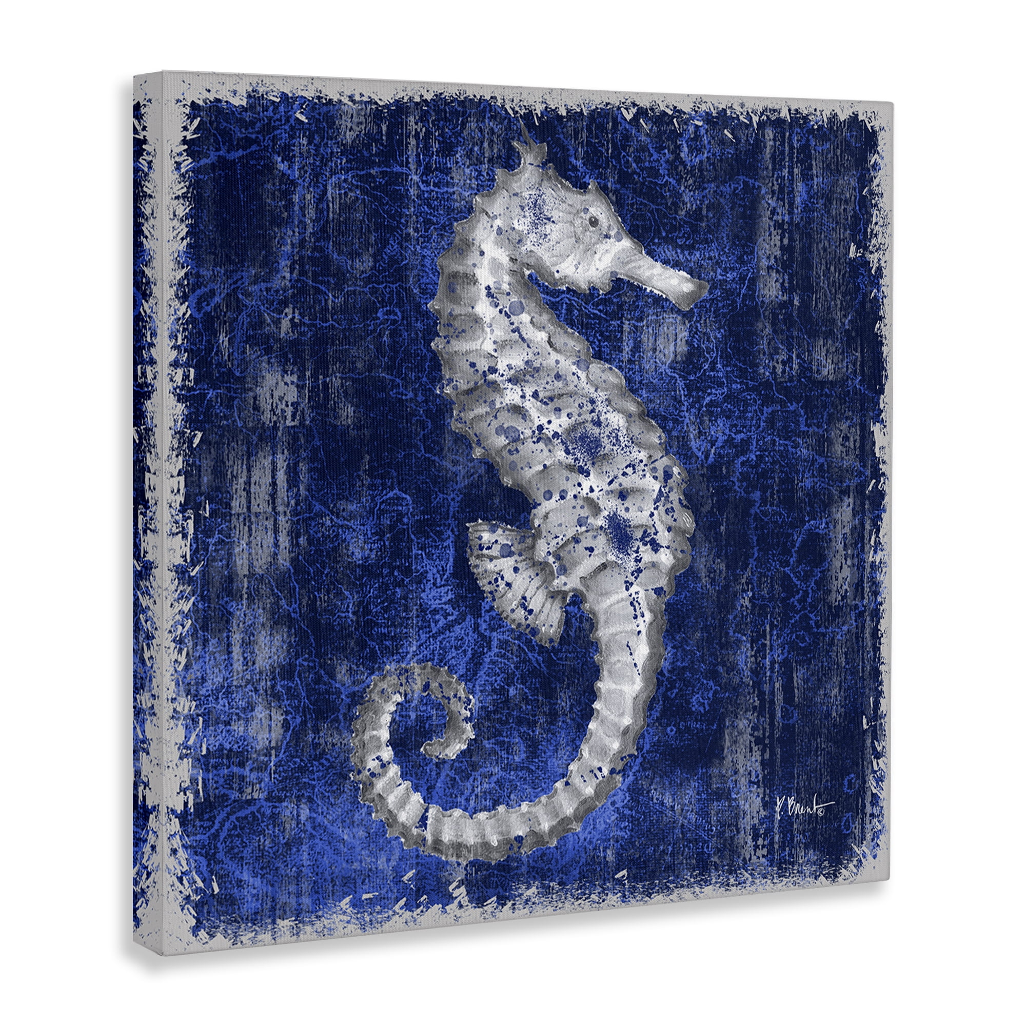 Stupell Industries Rustic Indigo Seahorse Nautical & Beach Painting Wrapped Canvas Art Print Wall Art, 17 x 17