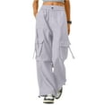 thumbnail image 3 of Womens Cargo Pants High Waisted Baggy Wide Leg Plus Size Parachute Pants with Pockets and drawstring Cargos Lightweight Trousers Y2K Light Gray XL, 3 of 7