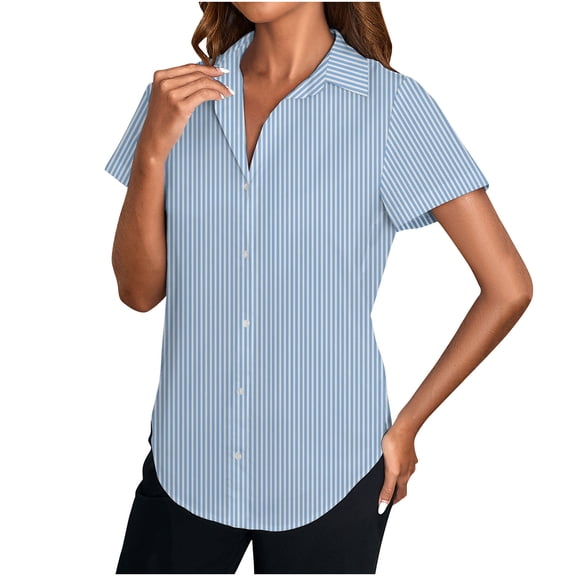 Striped Shirt for Women Dressy Casual Button up Shirts Summer Short Sleeve Work Tops Business Office High Low Blouses, Blue, XL